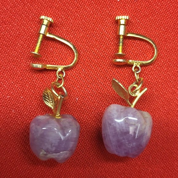 Vintage Amethyst Apple Purple Gemstone Earrings Gold Tone Adjustable Screw Earr - Picture 1 of 11
